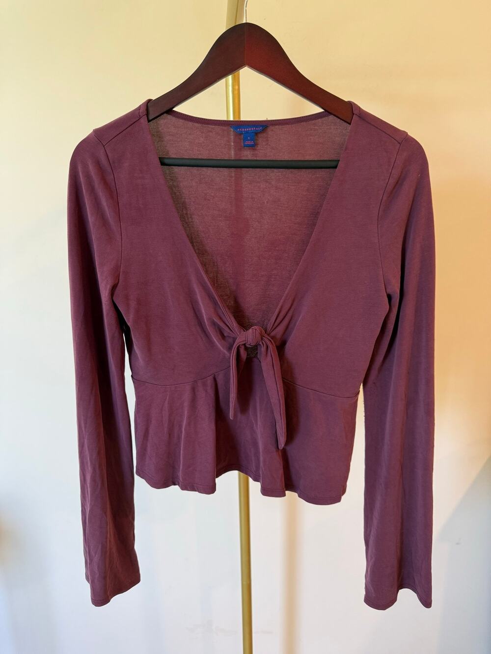Aeropostale Baby Doll top Women Large Burgundy Bell Sleeve peplum Tie-Front Y2K